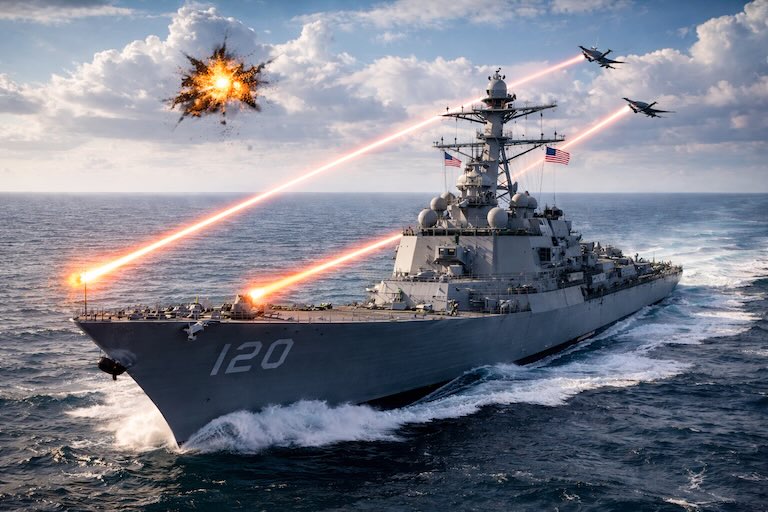new us battleship or destroyer 2025 with lasers, rail guns, radar, secret new weapons